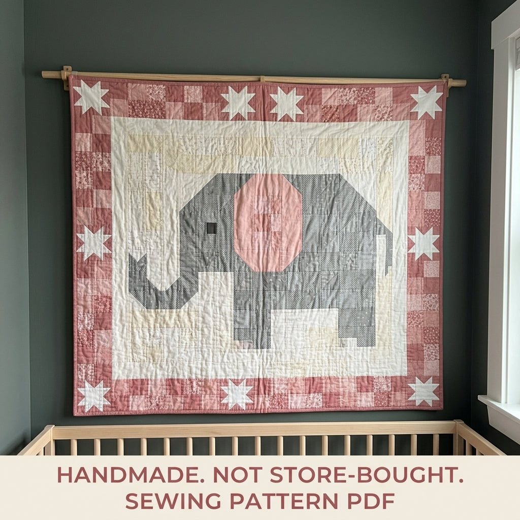Elephant Baby Quilt Pattern PDF – Pieced Nursery Quilt in Grey and Pink
