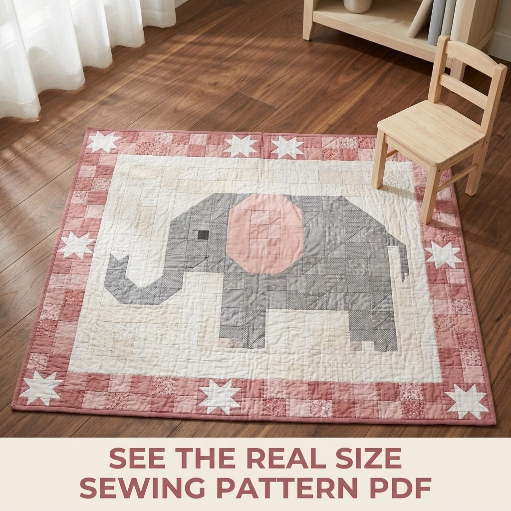 Elephant Baby Quilt Pattern PDF – Pieced Nursery Quilt in Grey and Pink