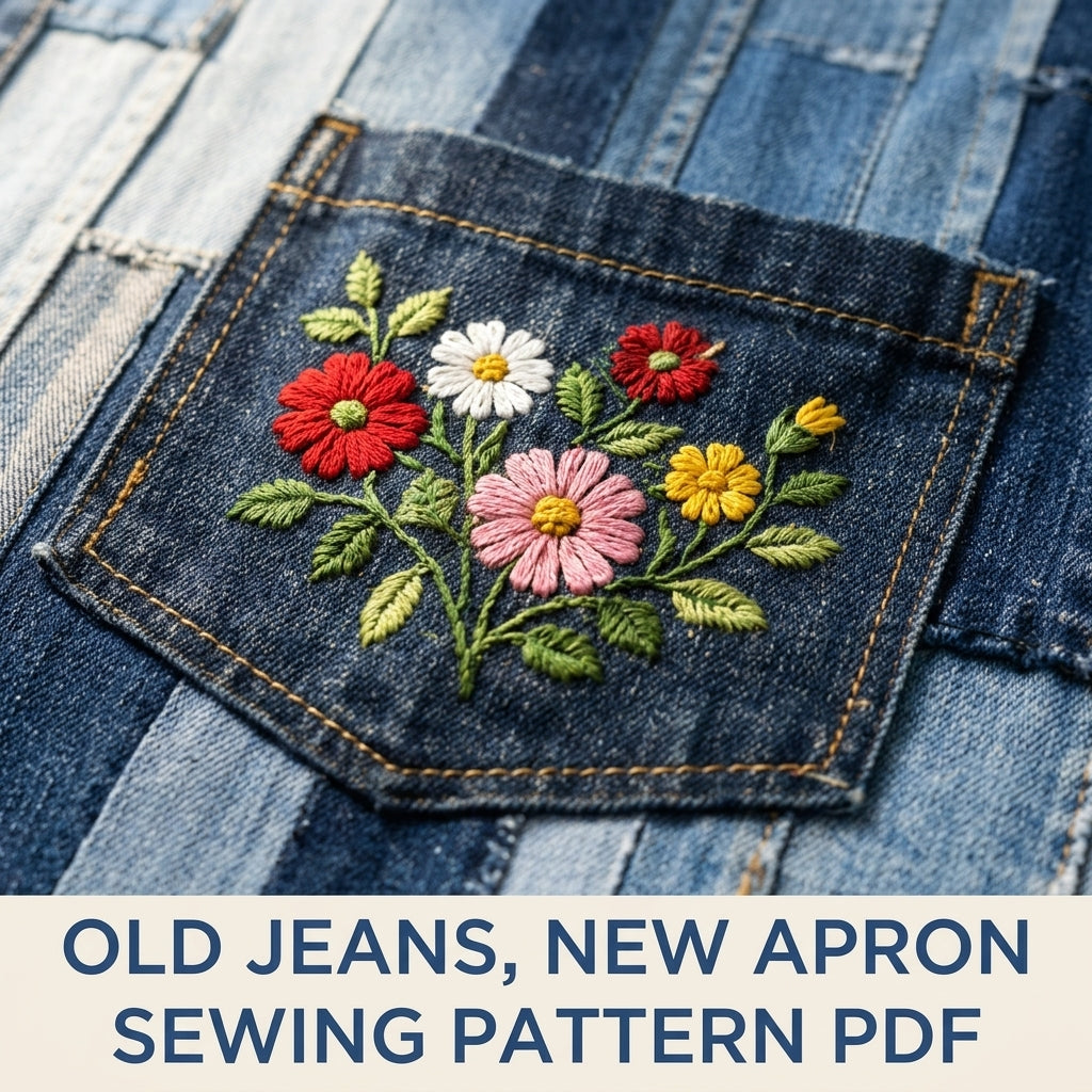 Denim Strip Patchwork Apron Sewing Pattern PDF – Upcycled Jeans Kitchen Apron