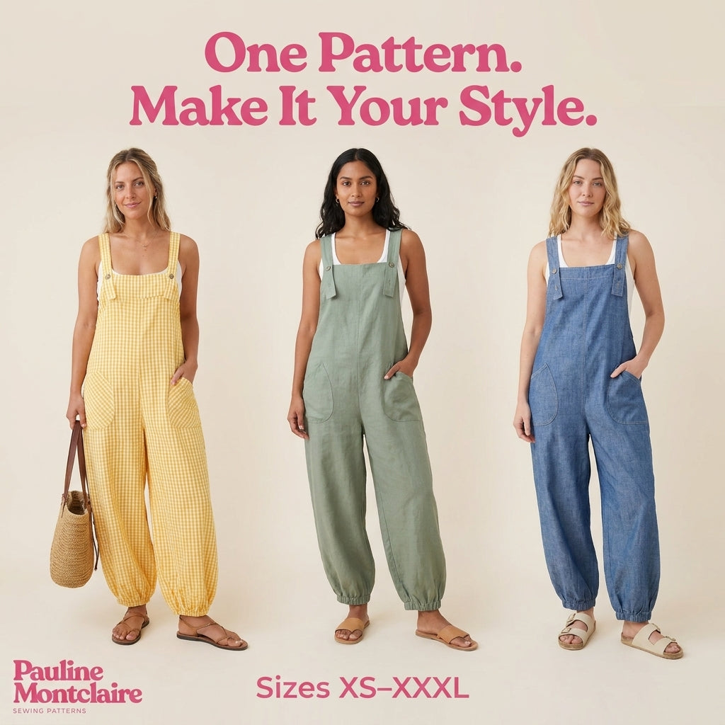 Dungaree Romper Sewing Pattern — Oversized Wide-Leg Jumpsuit with Elasticated Cuffs, Sizes XS–3XL, A0 and A4 PDF
