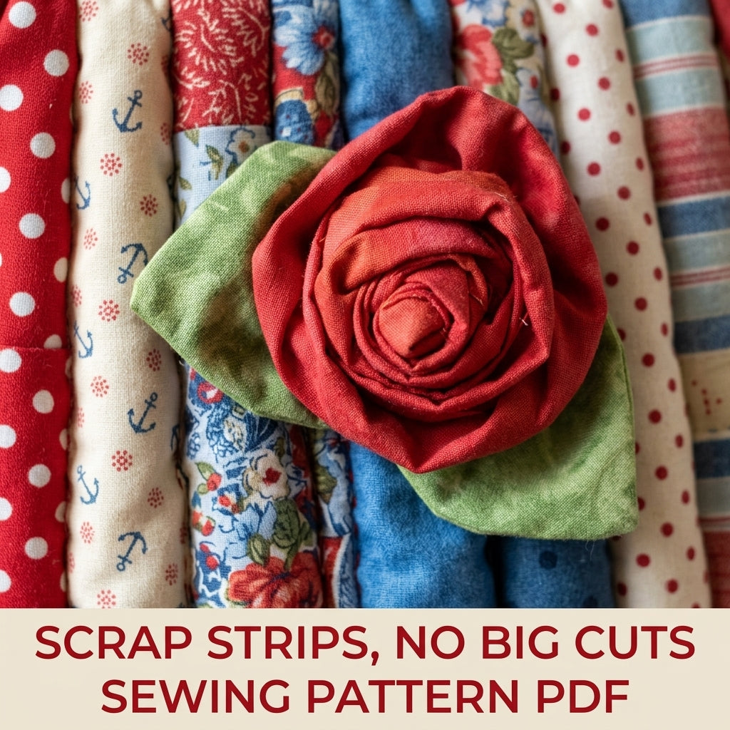 Braided Handle Strip Basket Sewing Pattern PDF – Scrappy Fabric Basket with Rose