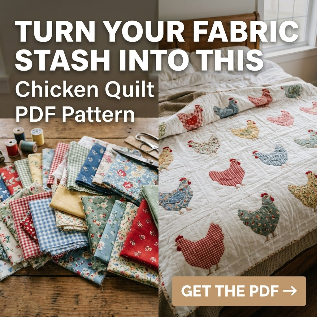Chicken Quilt Pattern | Appliqué Hen Block Quilt in Gingham & Calico | Beginner Farmhouse Quilt | PDF Instant Download