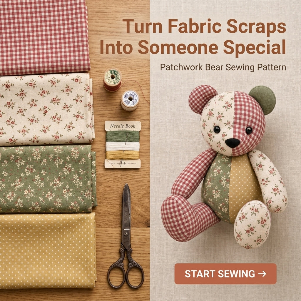 Patchwork Teddy Bear PDF Sewing Pattern | Memory Bear from Keepsake Fabrics | Jointed-Look Sitting Bear | Instant Download