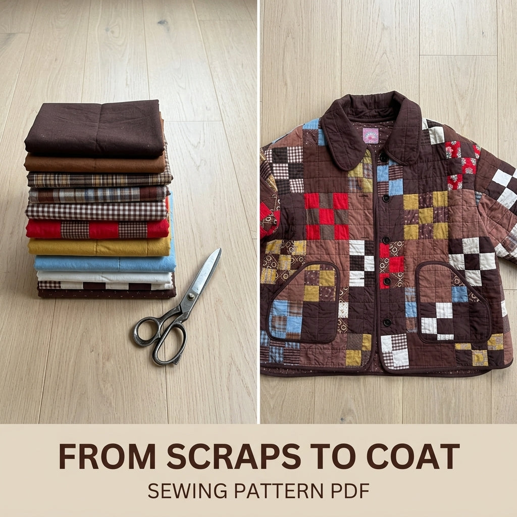 Scrappy Patchwork Quilted Coat Sewing Pattern PDF – Boxy Quilt Coat with Collar and Patch Pockets
