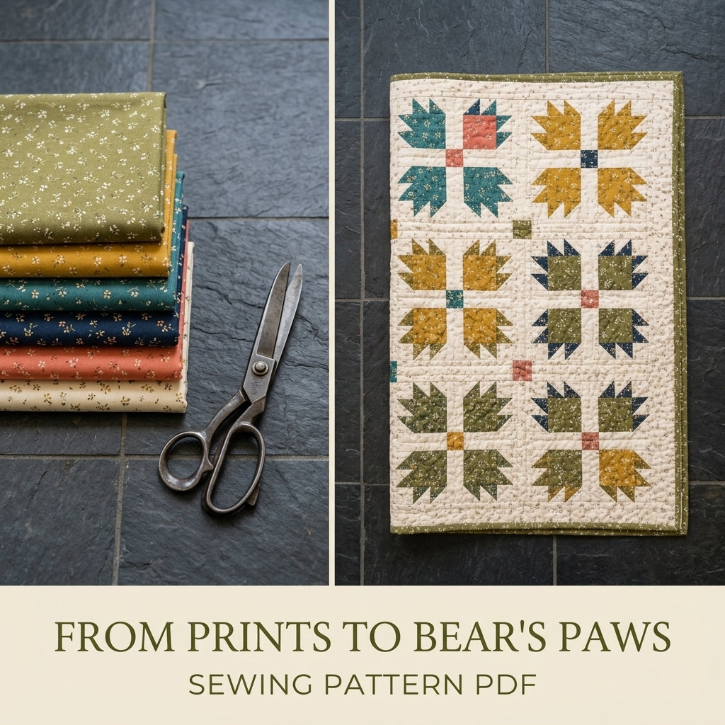 Bear's Paw Quilt Pattern PDF – Traditional Throw Quilt with Earthy Floral Prints