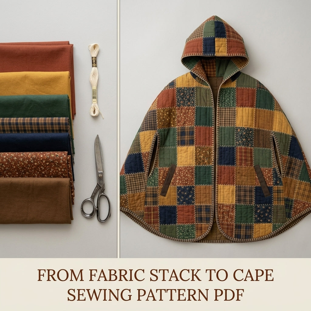 Hooded Patchwork Cape Sewing Pattern PDF – Quilted Autumn Cape with Hand Blanket Stitch Edges and Arm Slits