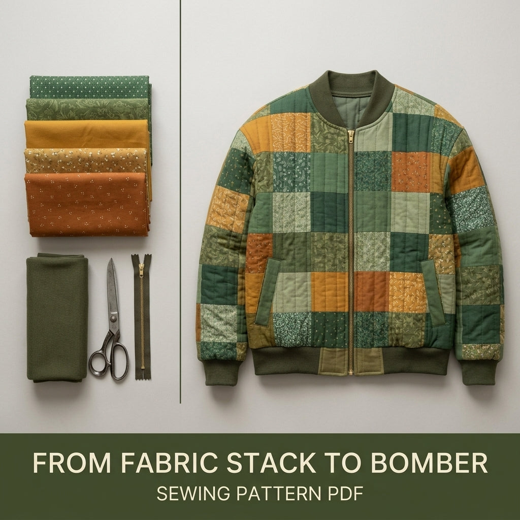Quilted Bomber Jacket Sewing Pattern PDF – Patchwork Quilt Bomber with Zip and Rib Knit Trim