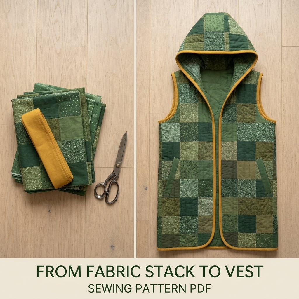 Long Hooded Quilted Vest Sewing Pattern PDF – Knee-Length Patchwork Vest with Pockets and Binding