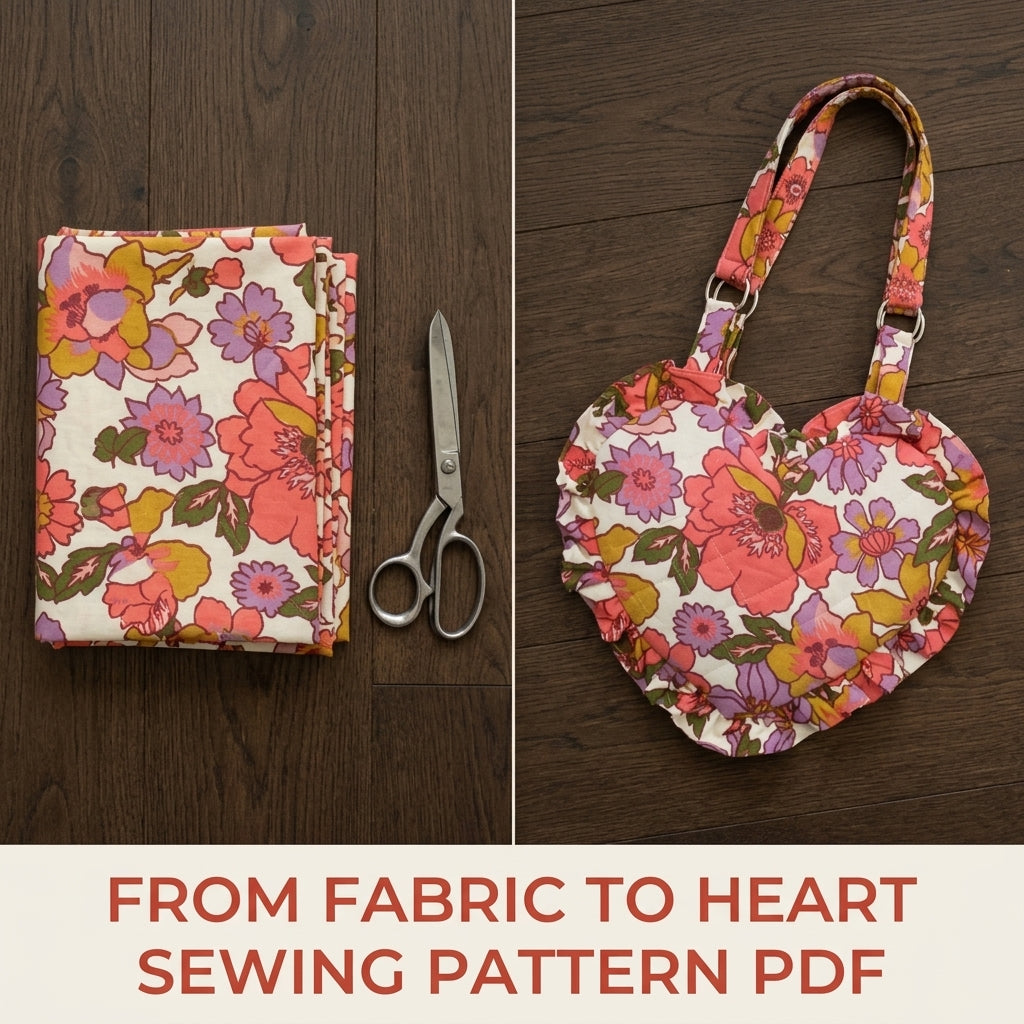 Floral Ruffle Heart Bag Sewing Pattern PDF – Quilted Heart Shoulder Bag with Ruffle