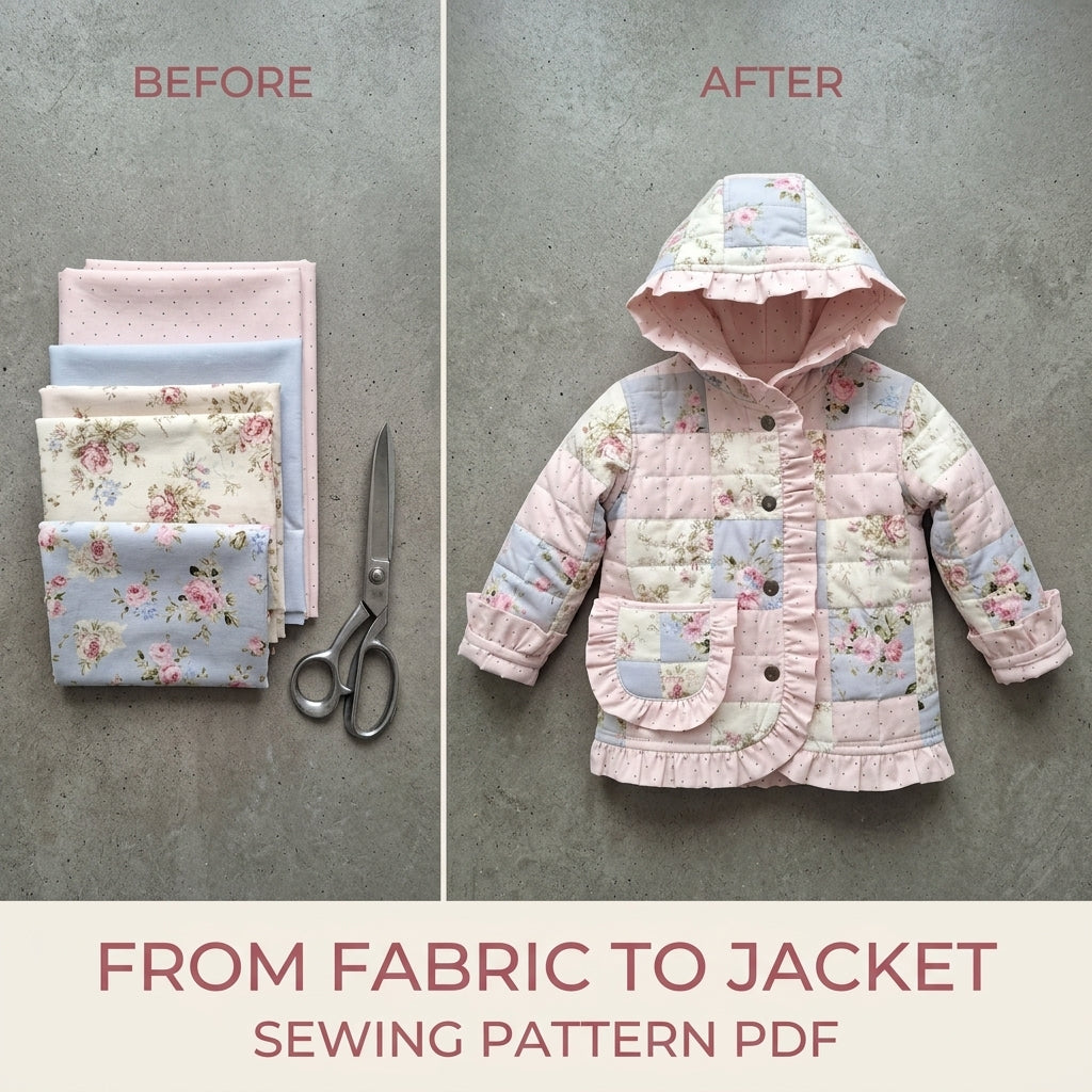 Kids Ruffle Patchwork Quilted Jacket Sewing Pattern PDF – Girls Hooded Quilt Coat
