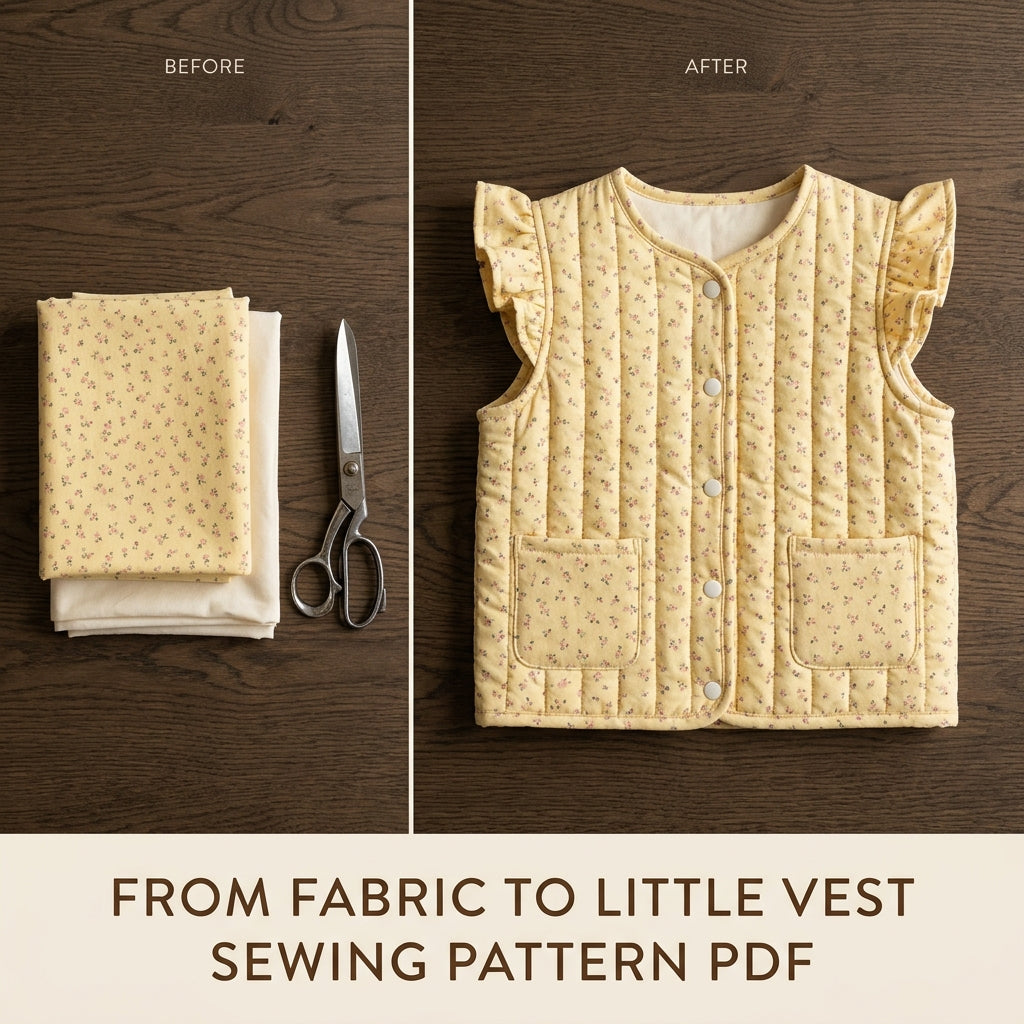 Children's Quilted Vest Sewing Pattern PDF – Girls' Ruffle Vest with Patch Pockets