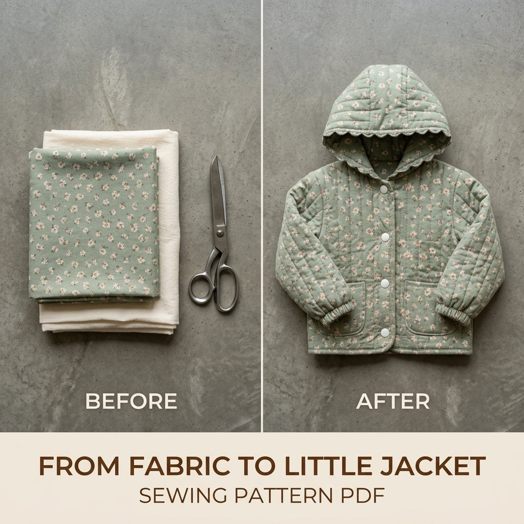 Children's Quilted Hooded Jacket Sewing Pattern PDF – Girls' Jacket with Frilled Hood and Pockets
