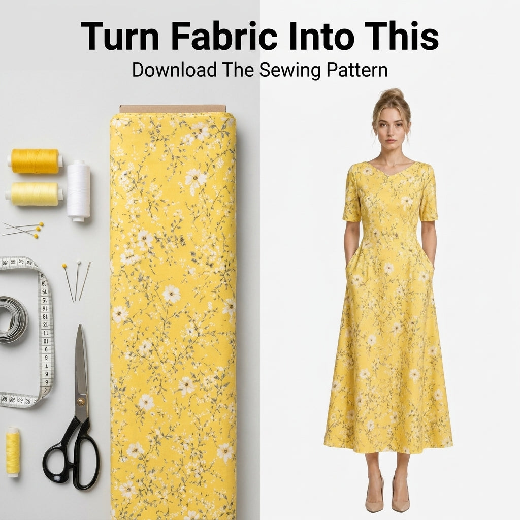 Midi Dress Sewing Pattern — Fitted V-Neck Dress with Flared Skirt and Side Pockets, Sizes XS–3XL, A0 and A4 Layered PDF