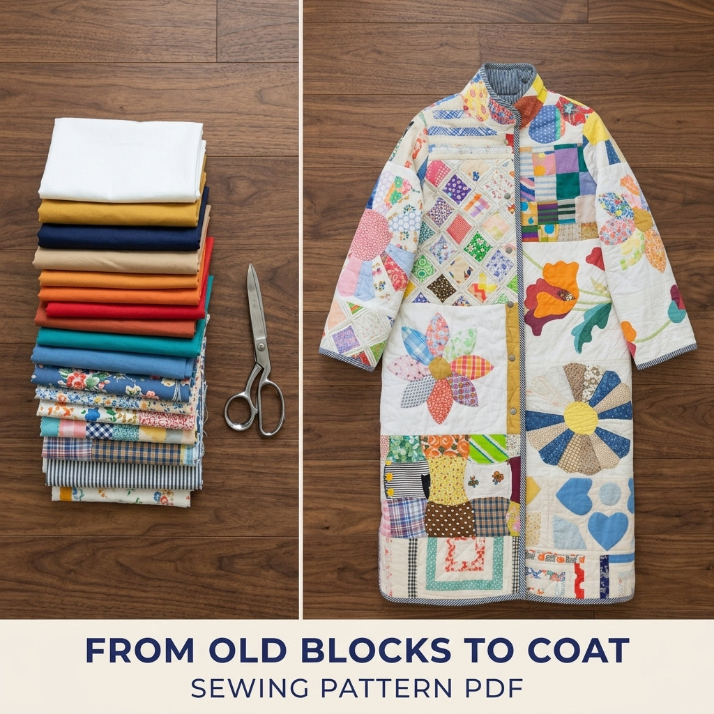 Vintage Patchwork Quilt Coat Sewing Pattern PDF – Long Coat from Orphan Quilt Blocks