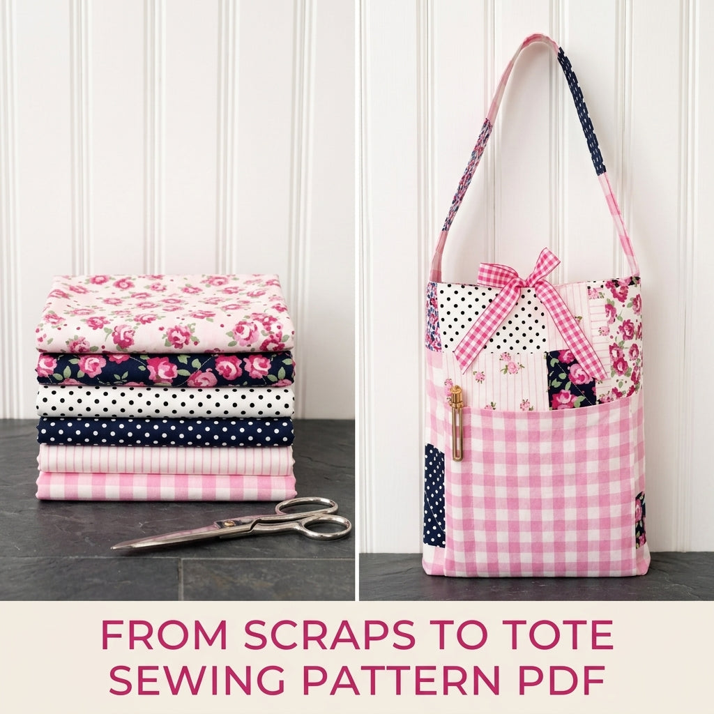 Pink Patchwork Pocket Tote Sewing Pattern PDF – Floral Tote with Gingham Pocket