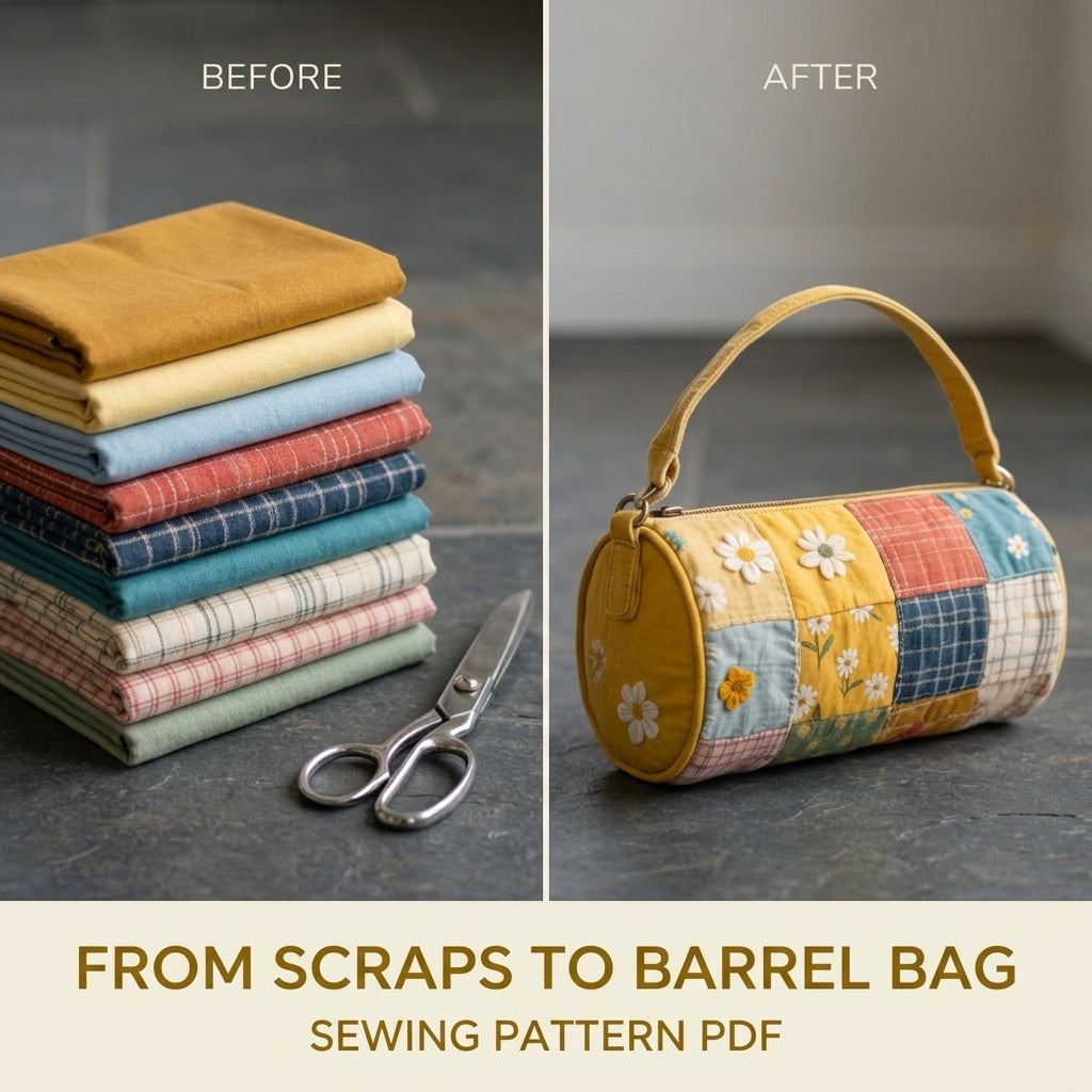 Daisy Patchwork Barrel Bag Sewing Pattern PDF – Quilted Cylinder Handbag with Zip