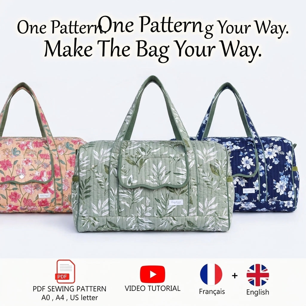 Quilted Duffle Bag Sewing Pattern — Weekender with Front Flap Pocket, Video Tutorial, English and French, A0 and A4 PDF