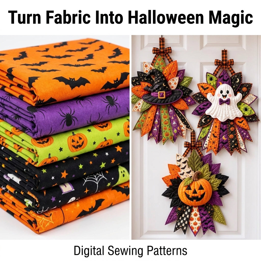 Halloween Door Hanger Patterns — 3 Quilted Fabric Designs in One PDF, Witch Hat, Ghost and Pumpkin, Beginner Friendly