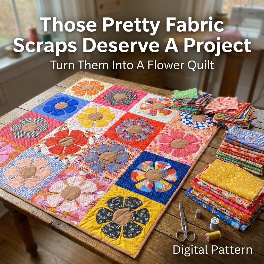 Retro Flower Quilt Pattern | Appliqué Petal Blocks in Scrappy Prints | Beginner Quilt with Full-Size Templates | PDF Instant Download