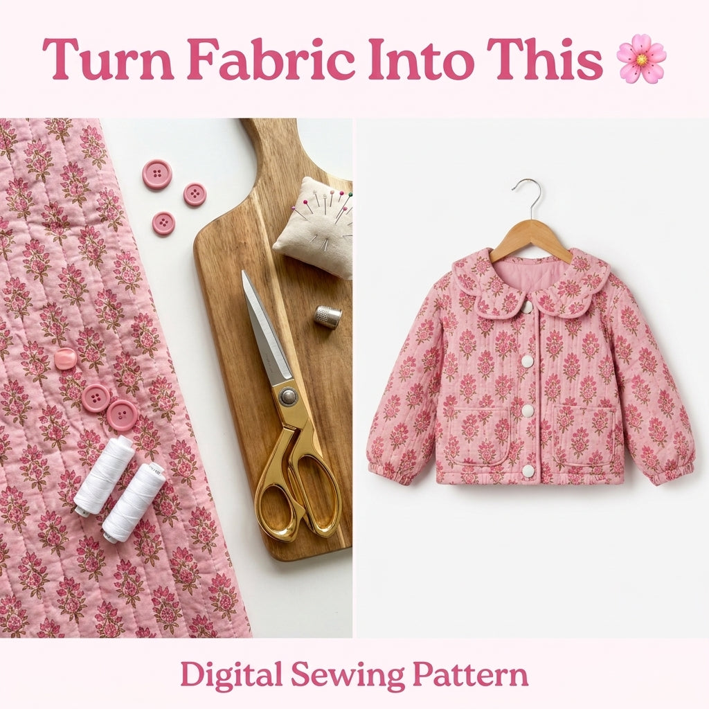 Girls' Quilted Jacket Sewing Pattern — Scalloped Peter Pan Collar Jacket, Ages 6 Months to 10 Years, PDF Download