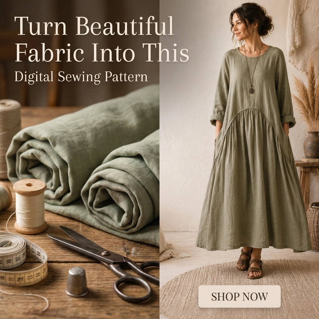 Boho Maxi Dress Sewing Pattern — Oversized Linen Dress with Deep Pockets, No Zips or Buttons, US 6–28W, A0 and A4 PDF