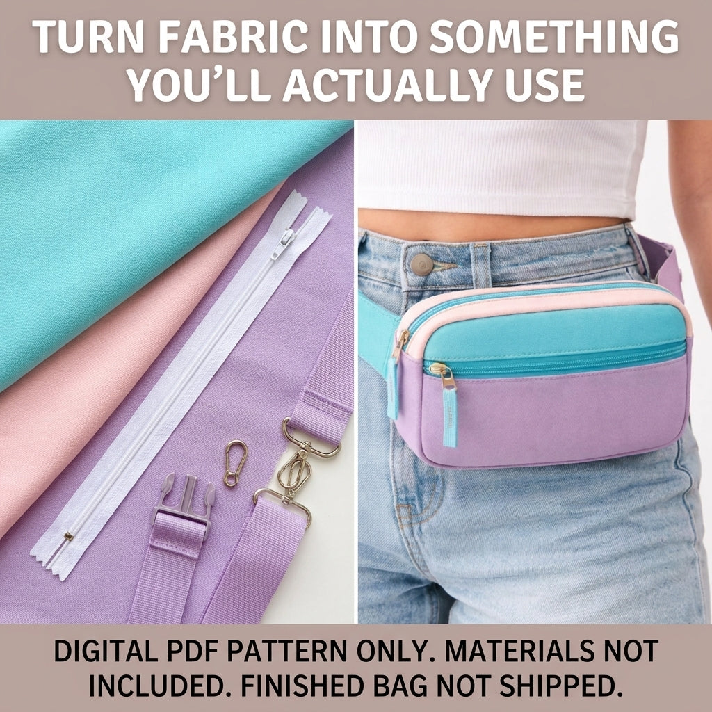 Belt Bag PDF Sewing Pattern | Fanny Pack Worn at the Waist or Crossbody | Colour Block Beginner Bag | Instant Download
