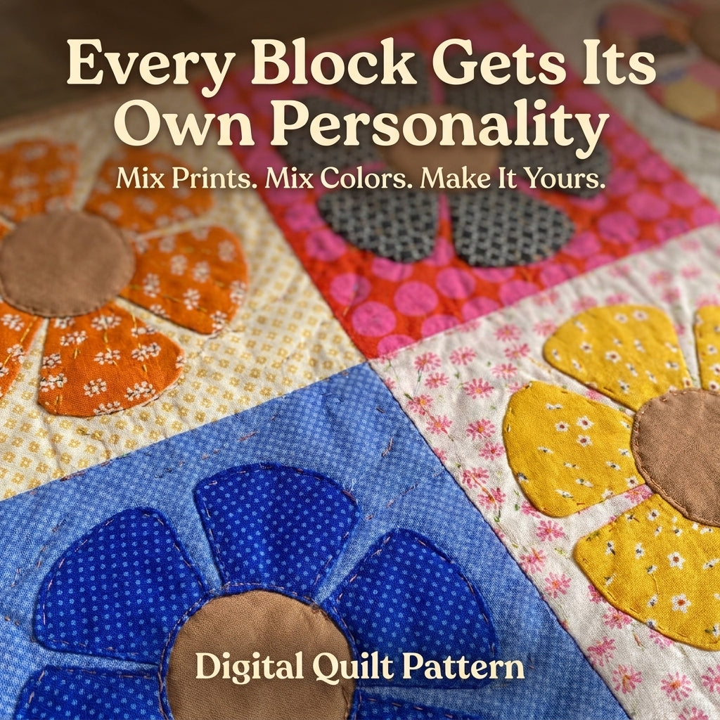 Retro Flower Quilt Pattern | Appliqué Petal Blocks in Scrappy Prints | Beginner Quilt with Full-Size Templates | PDF Instant Download