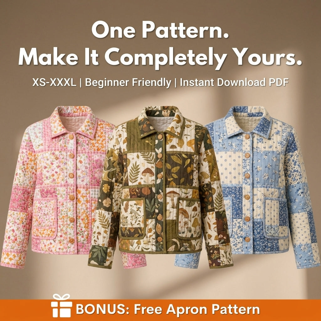 Quilted Patchwork Jacket Sewing Pattern — Oversized Chore Jacket with Collar and Patch Pockets, Sizes XS–3XL, PDF Download