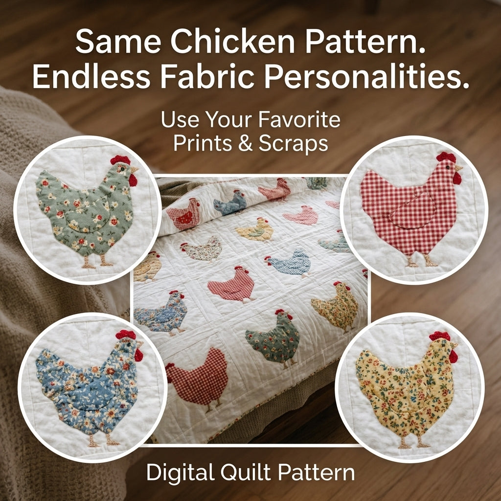 Chicken Quilt Pattern | Appliqué Hen Block Quilt in Gingham & Calico | Beginner Farmhouse Quilt | PDF Instant Download