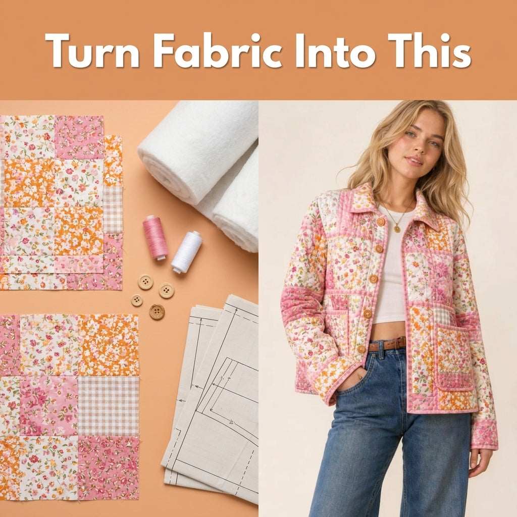 Quilted Patchwork Jacket Sewing Pattern — Oversized Chore Jacket with Collar and Patch Pockets, Sizes XS–3XL, PDF Download