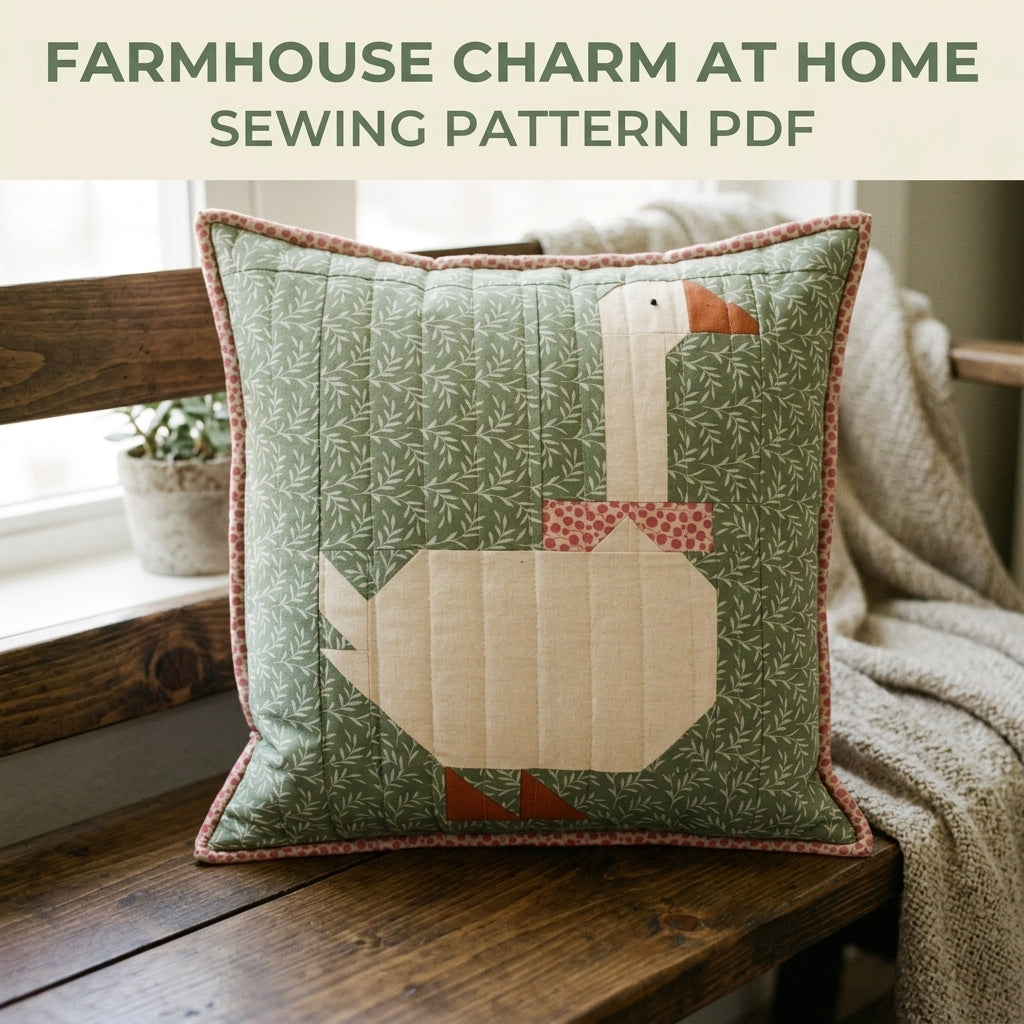 Goose Patchwork Cushion Sewing Pattern PDF – Pieced Goose Pillow with Bow