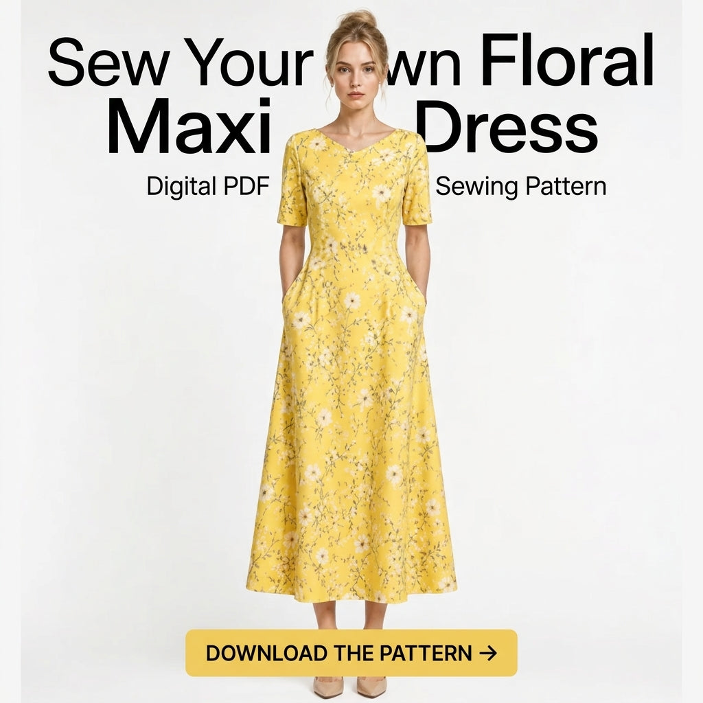 Midi Dress Sewing Pattern — Fitted V-Neck Dress with Flared Skirt and Side Pockets, Sizes XS–3XL, A0 and A4 Layered PDF