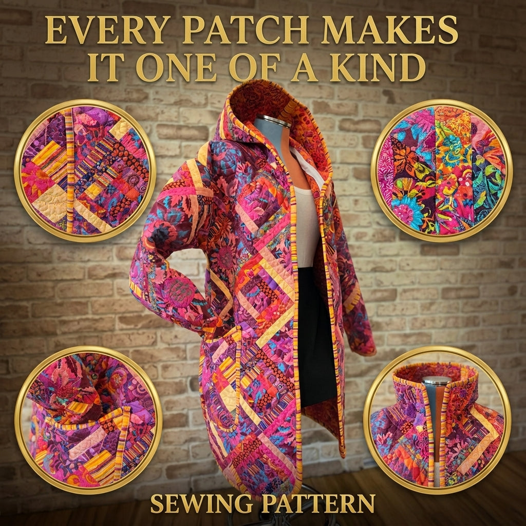 Quilt Coat Sewing Pattern — Longline Hooded Patchwork Coat with Bound Edges, Sizes XS–3XL, A0 and A4 PDF