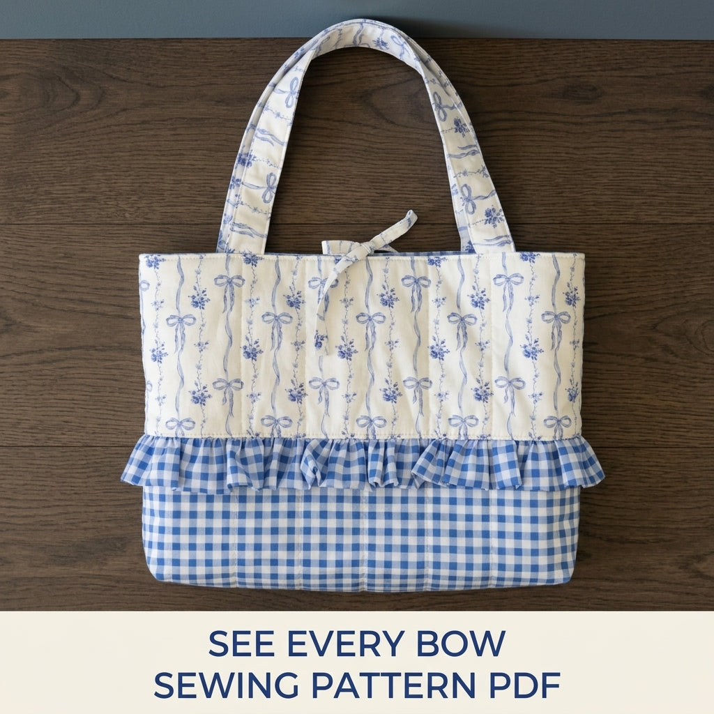 Bow Print Ruffle Tote Sewing Pattern PDF – Blue and White Gingham Bag