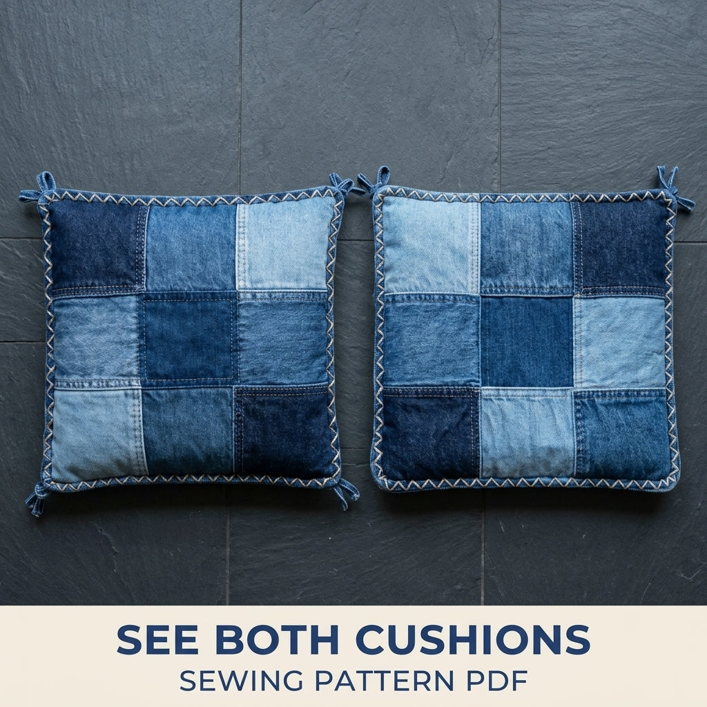 Denim Patchwork Chair Cushion Set Sewing Pattern PDF – Upcycled Jeans Seat Pads