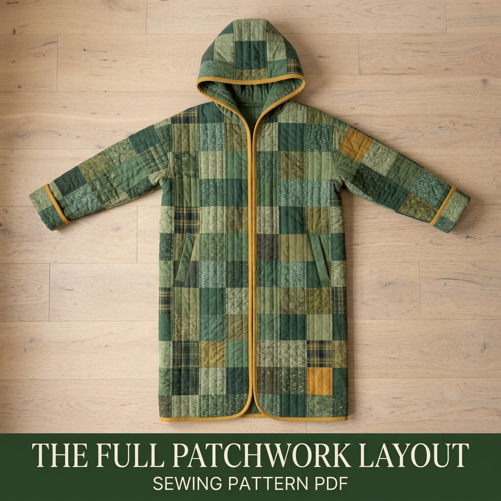 Hooded Quilted Duster Coat Sewing Pattern PDF – Knee-Length Patchwork Quilt Coat with Bias Binding