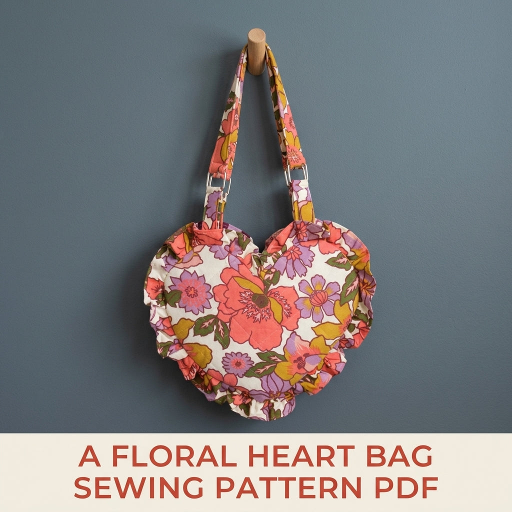 Floral Ruffle Heart Bag Sewing Pattern PDF – Quilted Heart Shoulder Bag with Ruffle