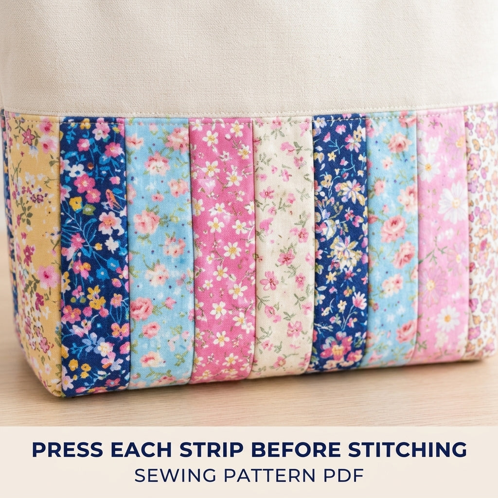 Floral Strip Linen Tote Sewing Pattern PDF – Scrappy Patchwork Tote Bag