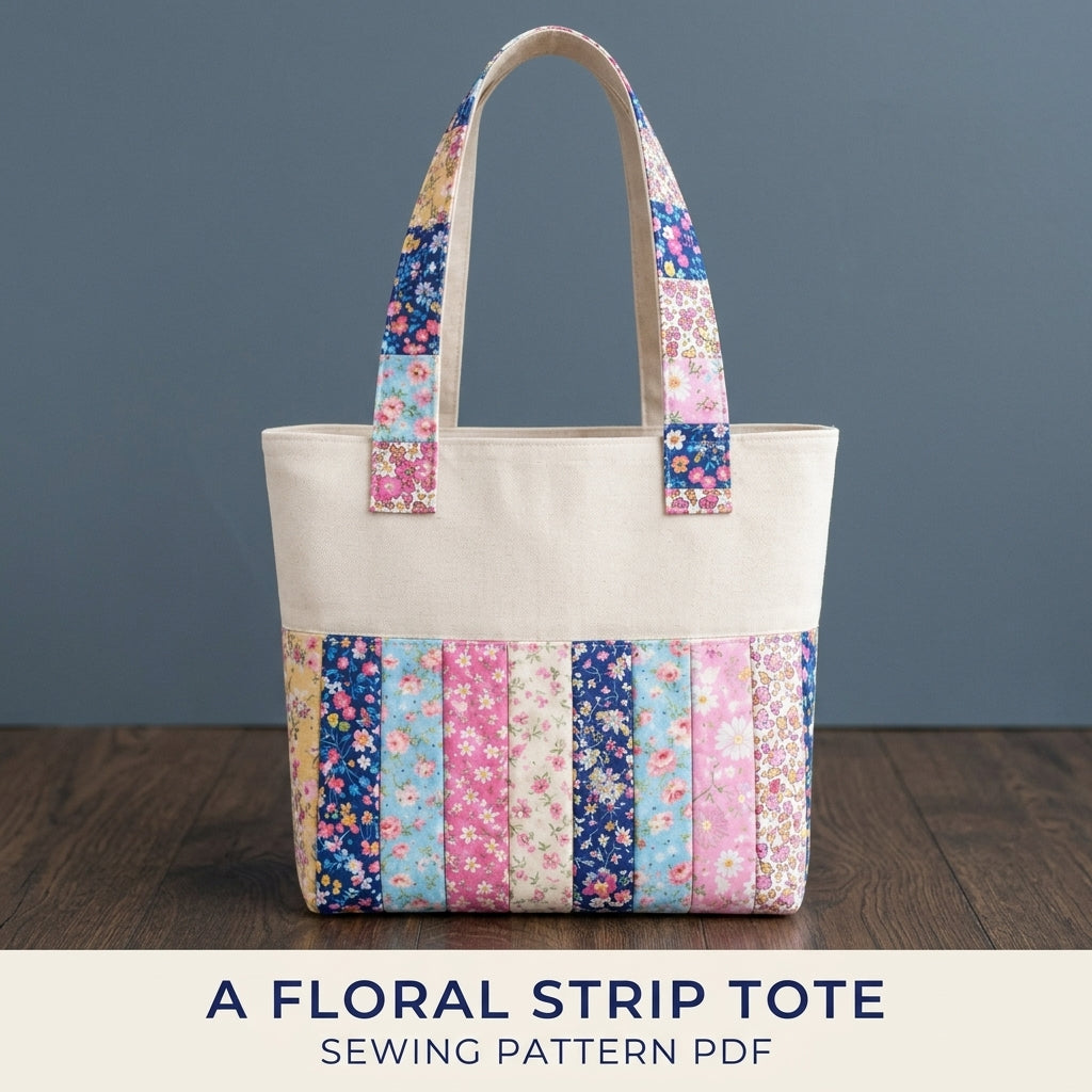 Floral Strip Linen Tote Sewing Pattern PDF – Scrappy Patchwork Tote Bag