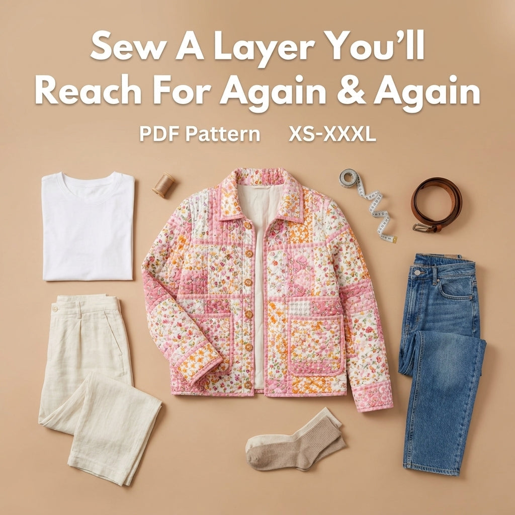 Quilted Patchwork Jacket Sewing Pattern — Oversized Chore Jacket with Collar and Patch Pockets, Sizes XS–3XL, PDF Download