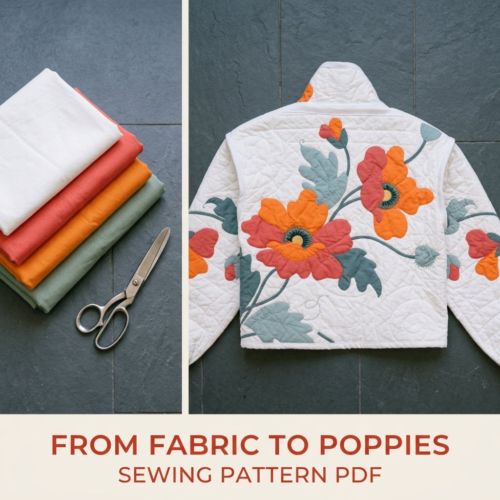 Poppy Appliqué Quilted Jacket Sewing Pattern PDF – White Quilt Jacket with Flower Back