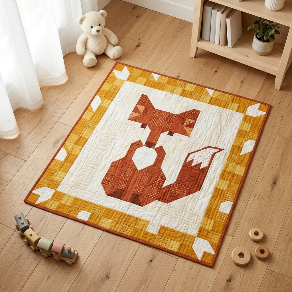 Fox Baby Quilt Pattern PDF – Woodland Pieced Nursery Quilt with Mustard Border