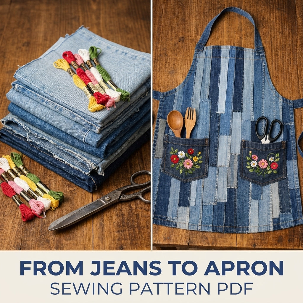Denim Strip Patchwork Apron Sewing Pattern PDF – Upcycled Jeans Kitchen Apron
