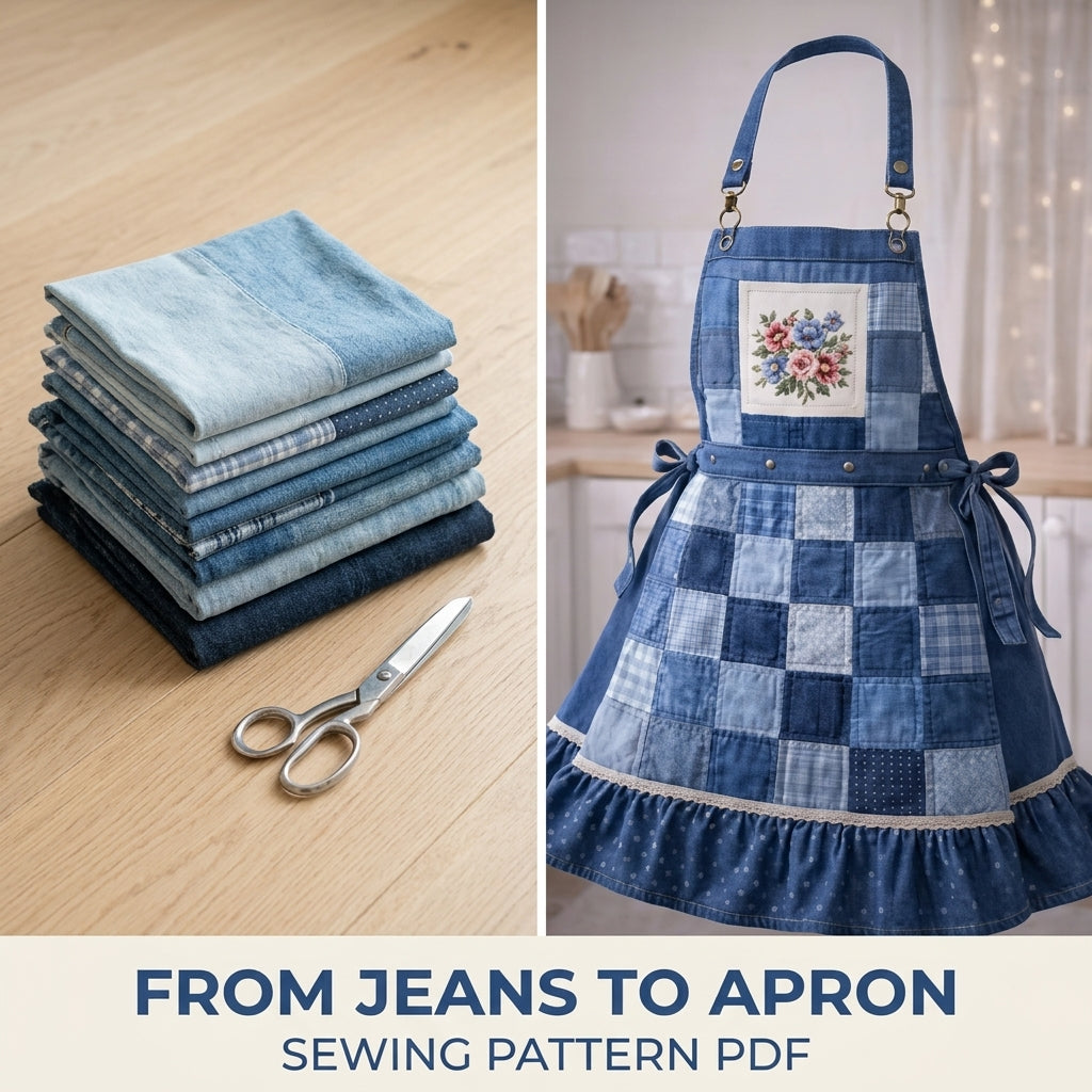 Blue Denim Patchwork Apron Sewing Pattern PDF – Upcycled Jeans Apron
