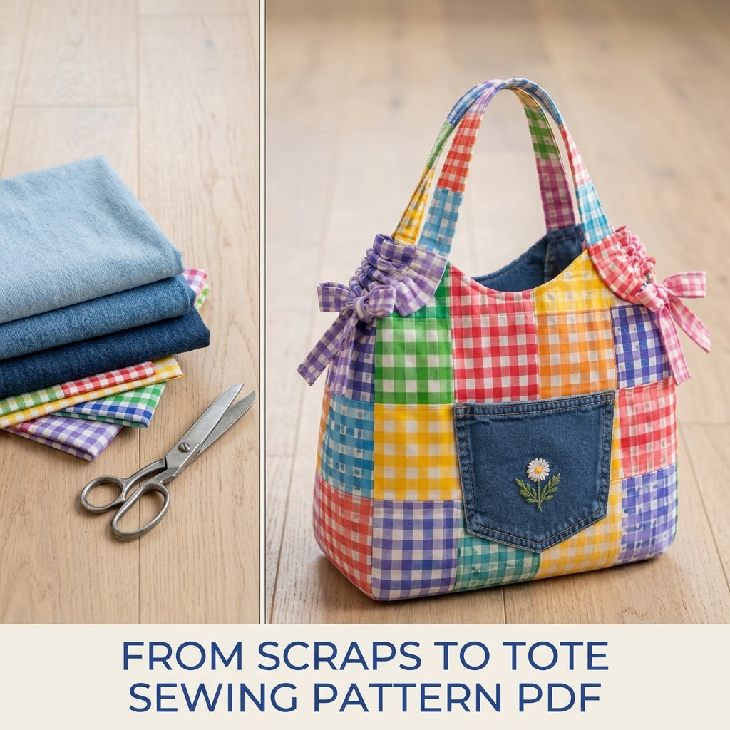Gingham Patchwork Tote Sewing Pattern PDF – Scrappy Bag with Jeans Pocket