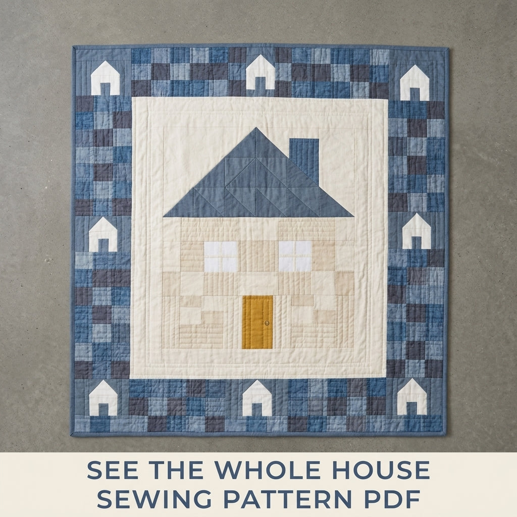 Little House Baby Quilt Pattern PDF – Pieced Nursery Quilt with Blue Checkerboard Border