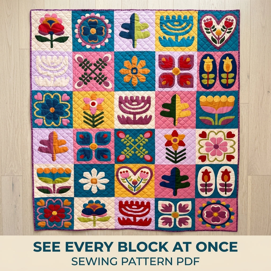 Folk Flower Sampler Quilt Pattern PDF – Scandinavian Appliqué Block Throw Quilt