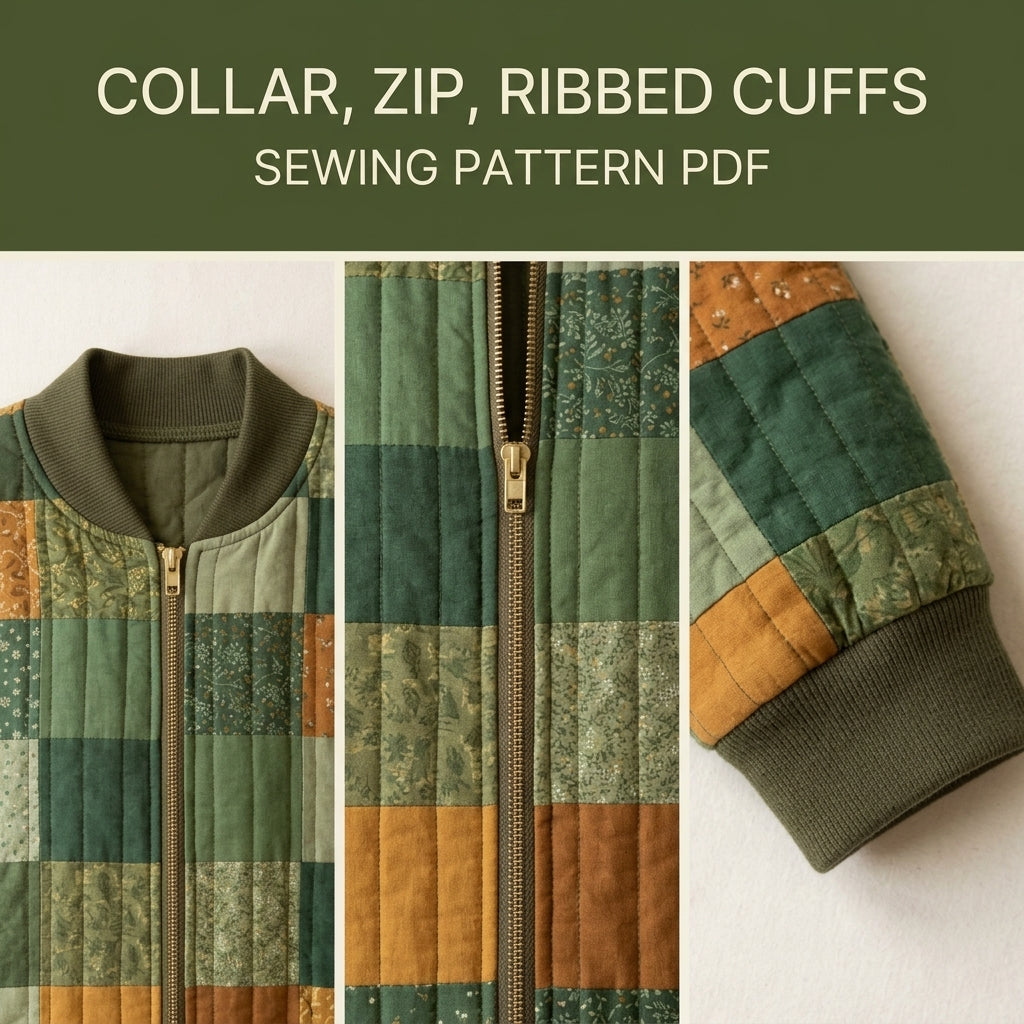 Quilted Bomber Jacket Sewing Pattern PDF – Patchwork Quilt Bomber with Zip and Rib Knit Trim