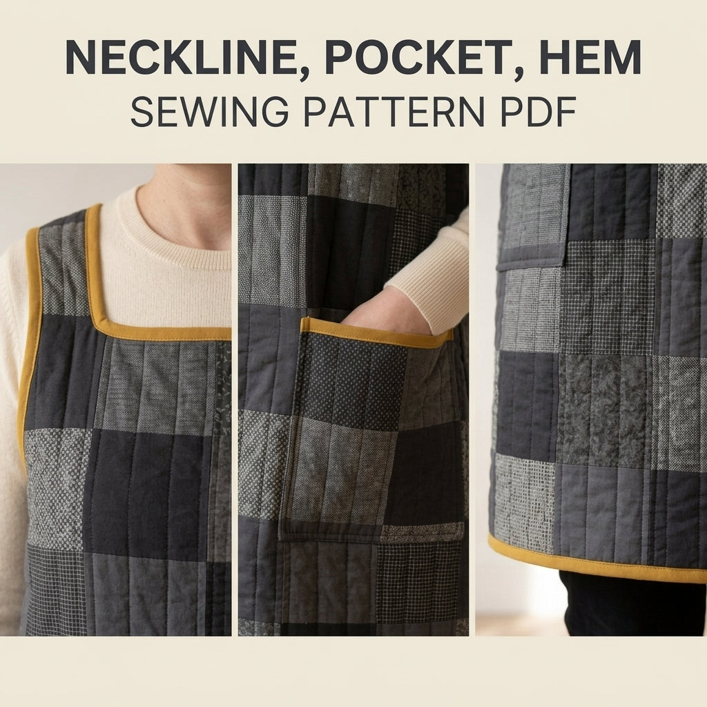 Quilted Pinafore Dress Sewing Pattern PDF – Patchwork Apron Dress with Square Neck and Pockets