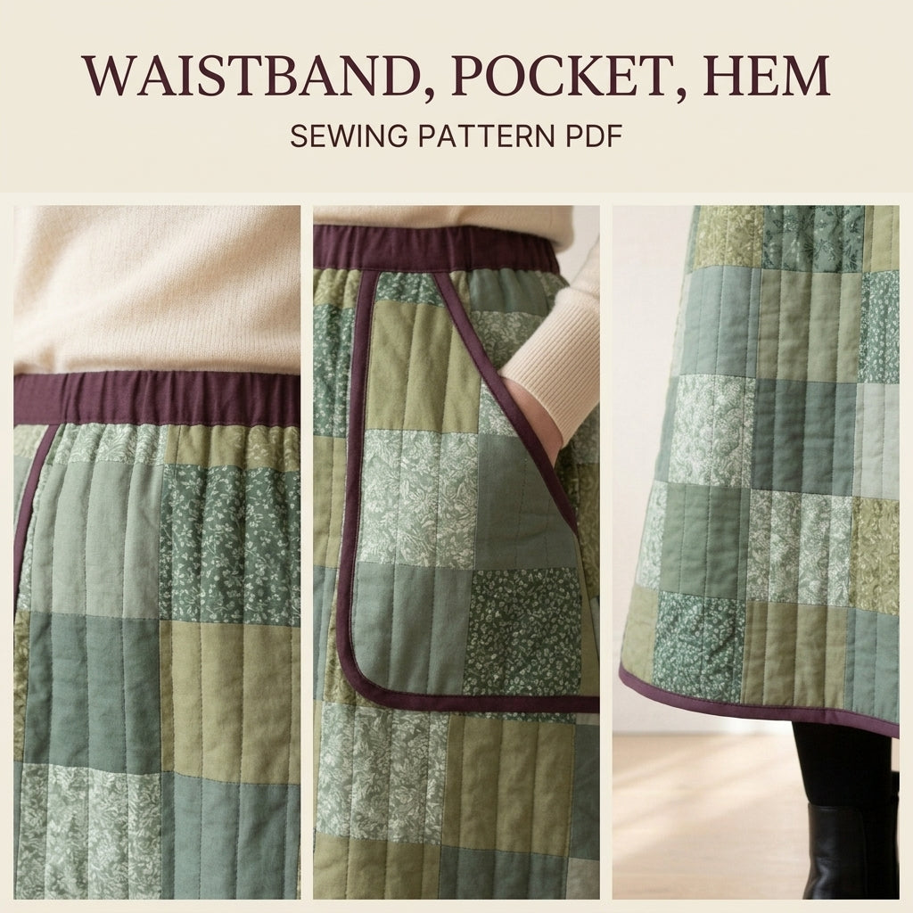 Quilted Skirt Sewing Pattern PDF – Patchwork Midi Skirt with Elastic Waist and Pockets